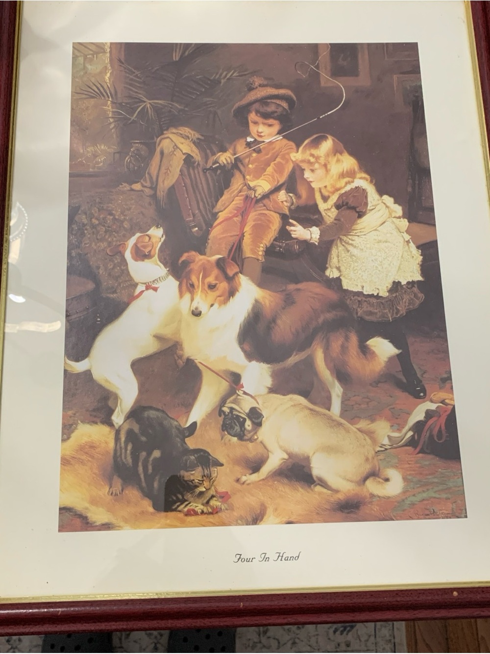 Vintage Illustration Framed Art Print Boy Girl Playing Inside Dogs Cat 12x16